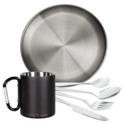 Camping Tasse Isotherme Mousqueton, Assiette Plate Et Couverts Set | Acier Inox